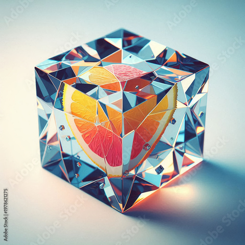 A broken ice cube with fruit and a flag, Melting Ice Cube with Flag and Orange