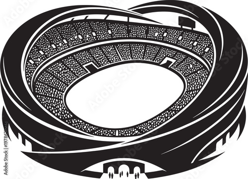 Dramatic black and white graphic illustration of a large oval shaped sports stadium with tiered seating filled with spectators viewed from a high angle perspective showcasing