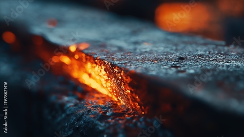 Glowing molten metal flowing during industrial steel production. Extreme close-up of hot iron cooling in factory. Metallurgy process, heavy industry, manufacturing, power and energy concept.