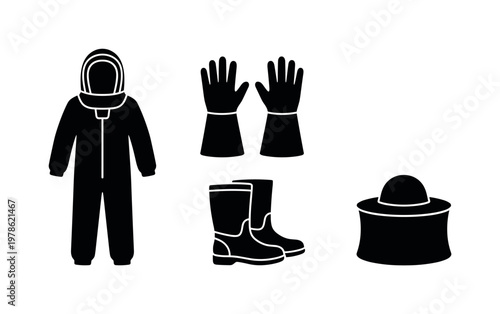 Beekeeper protective gear including beekeeping suit, protective veil hood, gloves pair, boots footwear, hat with net, bold black