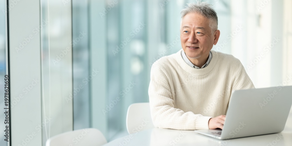 Fototapeta premium Elderly man smiling while using laptop in office workspace