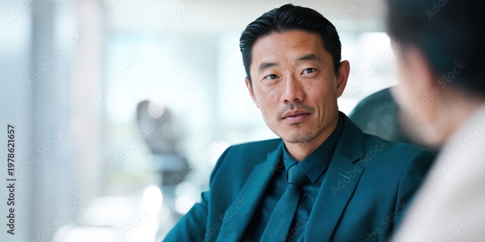 Obraz premium Asian businessman listening attentively in modern office