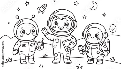 Charming cartoon astronauts and an alien waving happily in a whimsical outer space landscape with stars a crescent moon and a small rocket ship perfect for children's educational