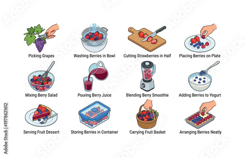 Picking grapes from vine, washing berries in bowl, cutting strawberries in half, placing berries on plate, mixing berry salad,