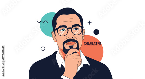 Portrait of a pensive man with glasses and a goatee, resting his chin on his hand against a creative background with geometric shapes.