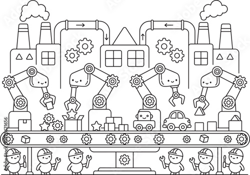 Adorable cartoon factory conveyor belt with cute robot arms assembling toys and vehicles featuring happy workers and smoking chimneys in a whimsical industrial setting perfect