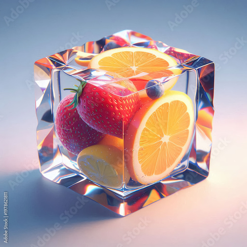 A broken ice cube with fruit and a flag, The Moment Before the Colors Fade