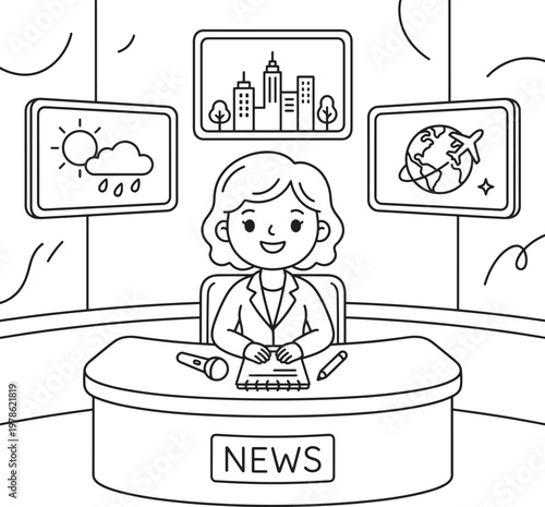 Charming cartoon illustration of a female news anchor sitting at a desk with a microphone and notepad presenting the latest global news and weather updates on screens in a bright
