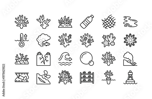 Coral reef conservation and threats illustrated with icons