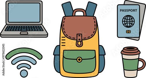 vector illustration of a set of computer and bagsicons