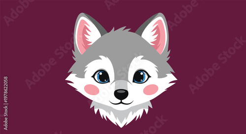 Charming illustration of a young wolf head with blue eyes and pink cheeks, shown against a deep purple background.