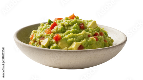 Photos Fresh guacamole with diced tomatoes and avocado chunks, isolated on transparent