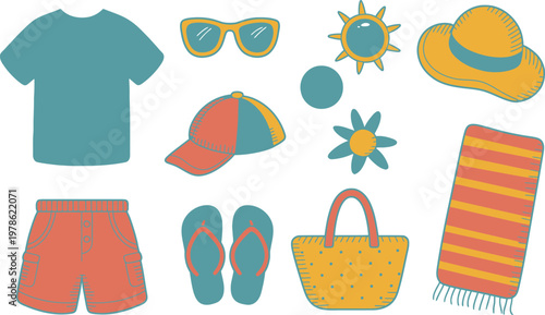 Summer vacation set featuring a teal t-shirt, orange shorts, straw hat, sunglasses, flip-flops, beach bag, striped towel, sun, and flower on a white background