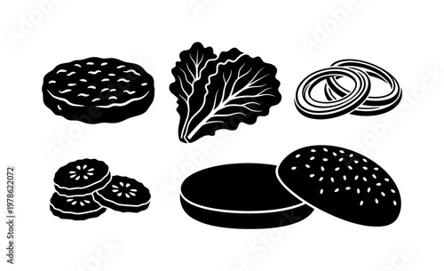 Burger ingredients including ground meat patty raw, lettuce leaves bunch, sliced onion rings, pickle slices stack, sesame seed bun