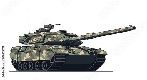 Illustration of a powerful modern main battle tank with camouflage pattern and long main gun, shown from a side perspective.