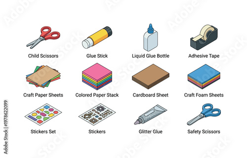 Child scissors, glue stick, liquid glue bottle, adhesive tape, craft paper sheets, colored paper stack, cardboard sheet, craft