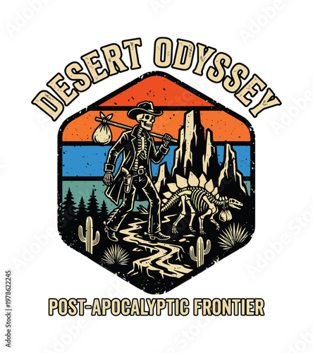 A skeletal cowboy figure with a bindle on a stick walks alongside a dinosaur skeleton through a desolate desert landscape under a stylized sunset with text vintage retro t shirt design