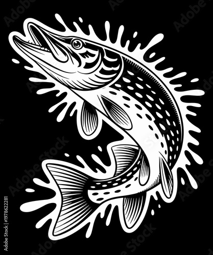 Pike jumping out of the water  fish design for anglers