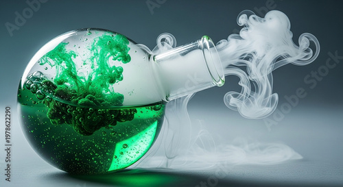 A green liquid bubbling in a glass flask with smoke coming out