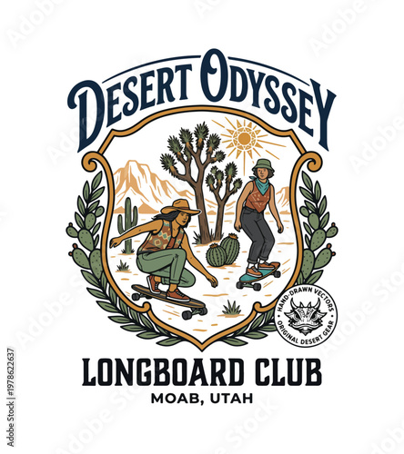 Two young women enjoying longboarding adventure in a stylized desert landscape with Joshua trees and cacti under a bright sun vintage retro t shirt design