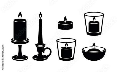 Candles in holders including pillar candle on stand, taper candle in holder, tealight candle in cup, votive candle glass, floating
