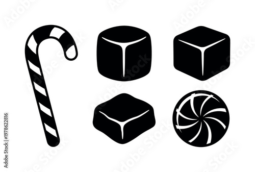 Candy shop treats including candy cane stick, marshmallow cube, caramel square candy, toffee candy piece, hard candy disc, bold