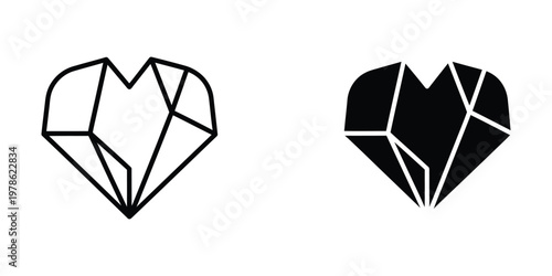 Geometric hearts composed of triangular facets in contrasting styles