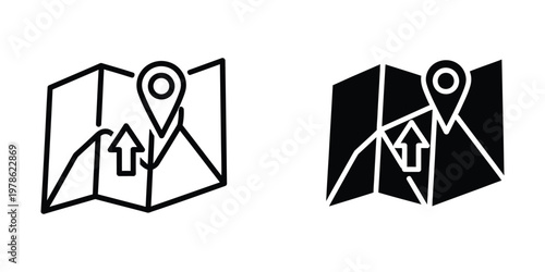 Directional map icons indicating upward movement and location pinpoints