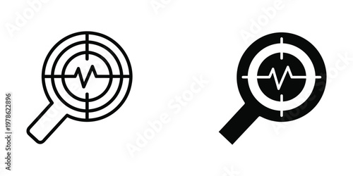 Magnifying glasses examining a heartbeat target symbol in contrasting styles