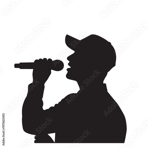 Silhouette of a man wearing a baseball cap, holding a microphone and singing into it, isolated on a white background