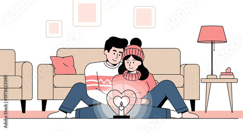Couple Embracing by Heart-Shaped Candlelight in Cozy Living Room