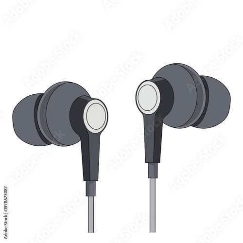 Close-up illustration of a pair of modern dark gray in-ear headphones with white accents and thin gray wires