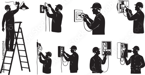 Worker installing electrical systems and equipment in various positions safely