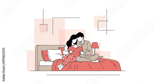 Couple Embracing in Bed Holding Heart Pillow, Romantic Love Illustration
