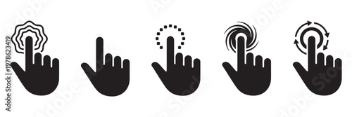 Touch gesture icons vector set, finger tap, long press, loading and interaction symbols, mobile UI gesture collection, minimal black silhouette design for app and interface use