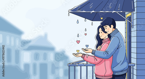 Couple Embracing in Rain, Catching Heart-Shaped Drops on Balcony, Love Concept