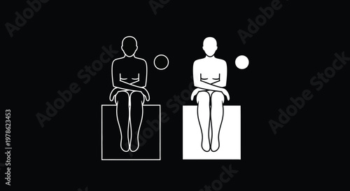 A minimalist depiction of two seated figures side by side against a stark black background
