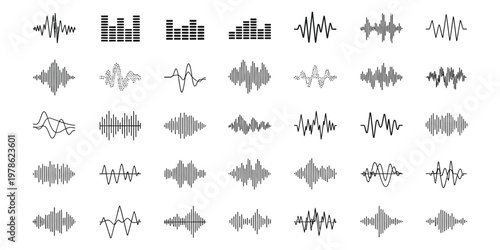 Abstract digital sound wave patterns and audio spectrum visualizers, ideal for music, voice, and audio-related graphic design elements and technological interfaces