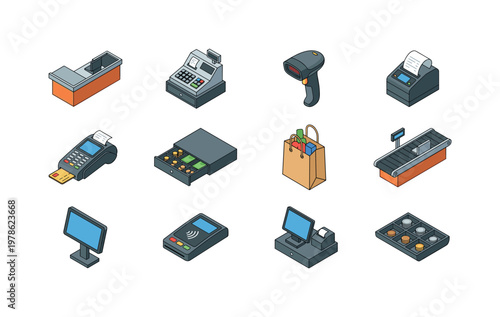 Checkout counter desk, cash register machine, barcode scanner handheld, receipt printer device, payment terminal card, cash drawer