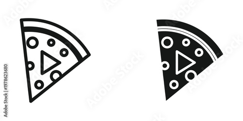 Two stylized pizza slices with pepperoni and cheese variations in black and white