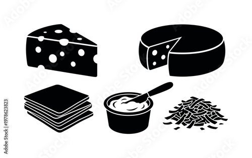 Cheese varieties including wedge cheese, round wheel cheese, sliced cheese stack, soft cheese spread, grated cheese pile, bold