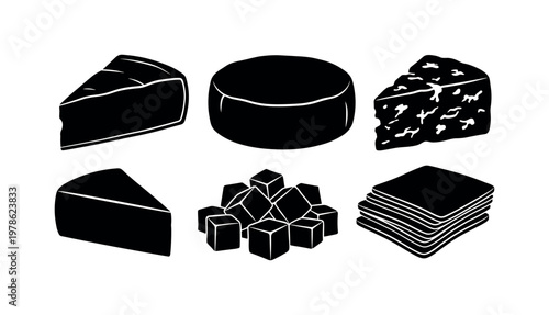 Cheese selections including wedge cheese, soft cheese round, blue cheese piece, cheese cubes pile, sliced cheese stack, bold black