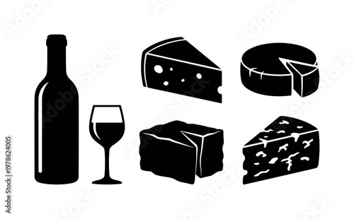 Cheese wedges and wine bottles including hard cheese wedge, soft cheese round, blue cheese piece, aged cheese block, wine bottle