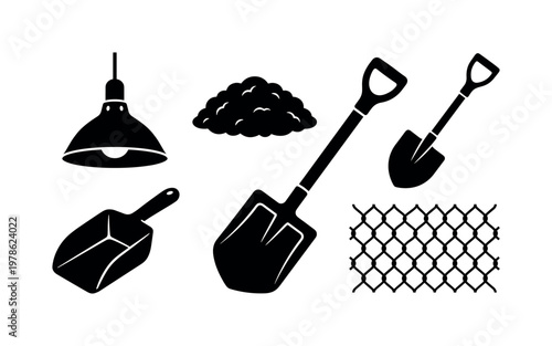 Chicken care accessories including heat lamp fixture, coop bedding pile, cleaning shovel, feed scoop tool, wire fence section,