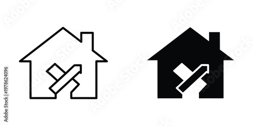 Contrast of house icons with crossed tools indicating renovation or prohibition