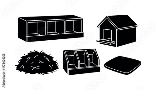 Chicken coop nesting items including nesting box compartments, straw bedding pile, egg laying box, divider nesting box, soft