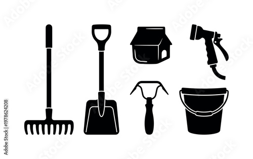 Chicken coop maintenance tools including cleaning rake tool, manure shovel, water hose spray, coop scraper tool, bucket container,