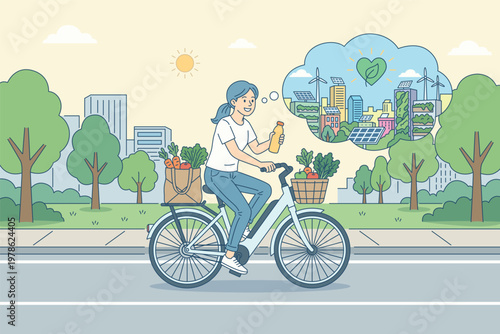 Young woman riding electric bike with fresh groceries. Eco friendly lifestyle and green city concept. Female character dreaming about sustainable future and renewable energy. Flat vector illustration.