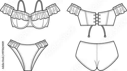 Outline Sketch of Ruffled Bikini Set Front and Back Views swimwear lingerie