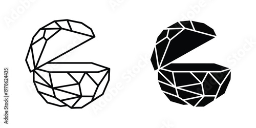 Geometric representation of an open treasure chest with faceted designs